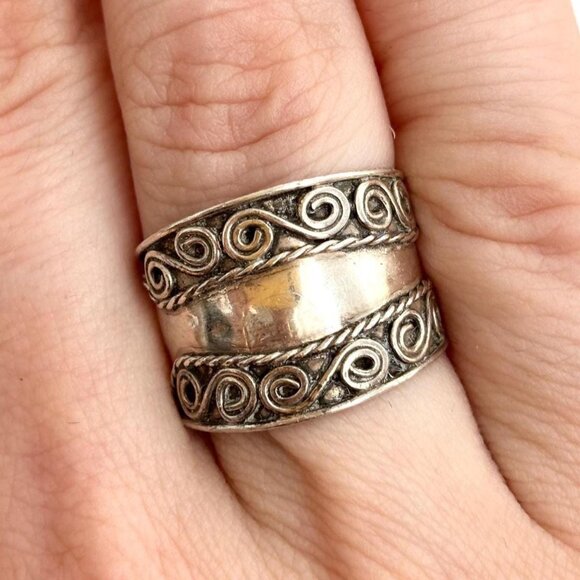 Cigar Wide Band Sterling Silver Southwest Style Swirl 925 Vintage Ring - sz 8 - Picture 1 of 10